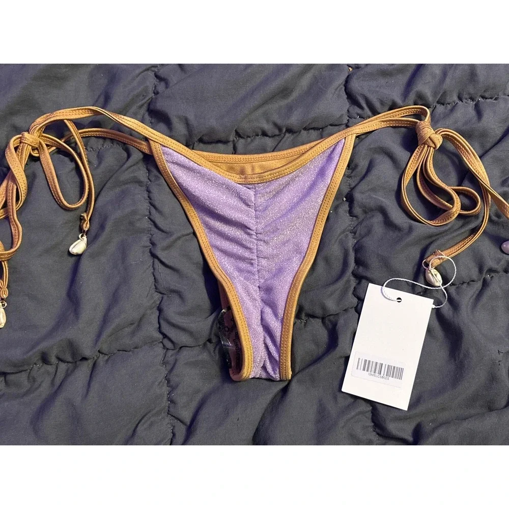 NEW ISME Women's Purple Metallic Gold Trim Tie-Side Brazilian Bikini Bottom, S